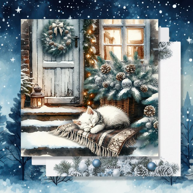 Kitten Asleep on Festive Front Porch Christmas Holiday Card (Creator Uploaded)