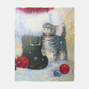 Kitten at Santa's Boot Fleece Blanket