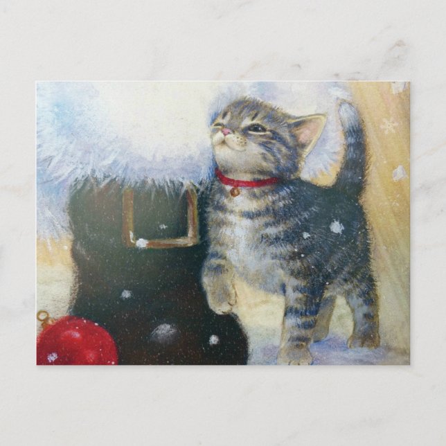 Kitten at Santa's Boot Holiday Postcard (Front)