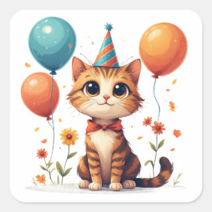 Kitten Birthday Celebration With Balloons And Hat Square Sticker