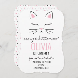 Kitten Birthday Invite with pink hearts kitty face