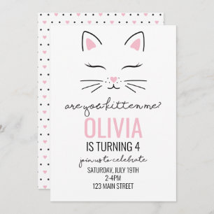 Kitten Birthday Invite with pink hearts kitty face