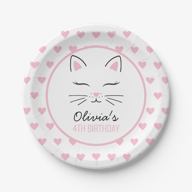 Kitten Birthday Party Plates with pink hearts (Front)
