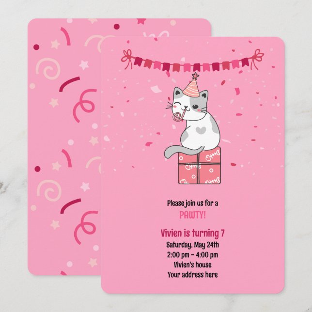 Kitten Birthday Pawty Invitation (Front/Back)