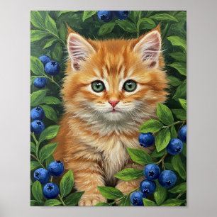 Kitten & Blueberries Oil Painting Art Poster