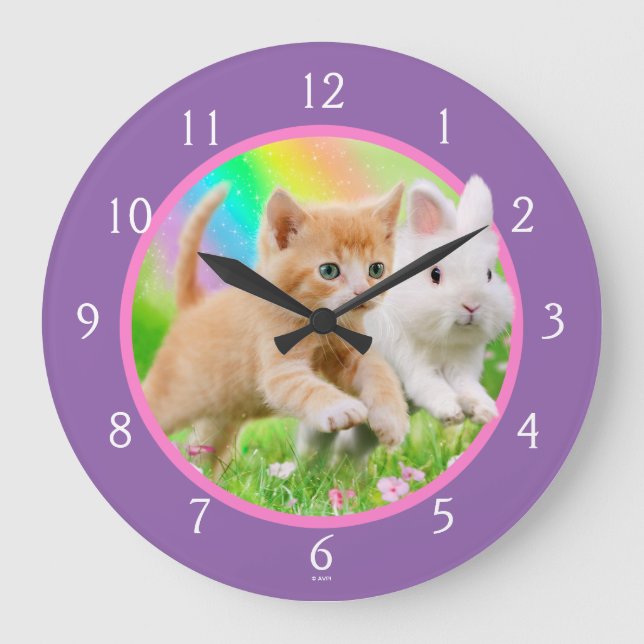 Kitten & Bunny with Rainbow Large Clock (Front)
