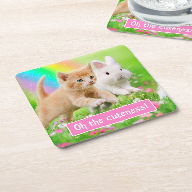 Kitten & Bunny with Rainbow Square Paper Coaster (Angled)