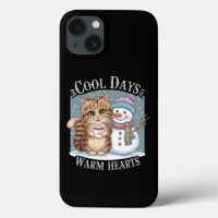 Kitten Cat and Snowman Friends Share Coffee Winter