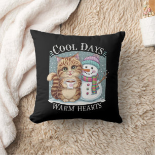 Kitten Cat and Snowman Friends Share Coffee Winter Cushion
