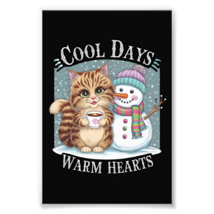 Kitten Cat and Snowman Friends Share Coffee Winter Photo Print