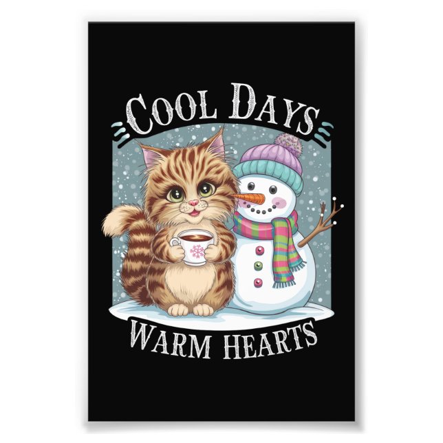 Kitten Cat and Snowman Friends Share Coffee Winter Photo Print (Front)