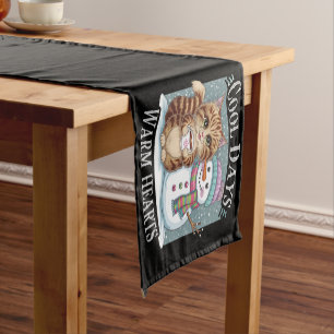 Kitten Cat and Snowman Friends Share Coffee Winter Short Table Runner