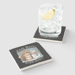 Kitten Cat and Snowman Friends Share Coffee Winter Stone Coaster