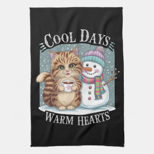 Kitten Cat and Snowman Friends Share Coffee Winter Tea Towel