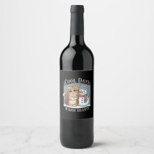 Kitten Cat and Snowman Friends Share Coffee Winter Wine Label