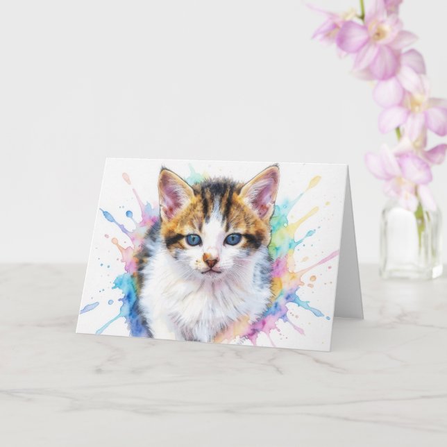 Kitten Cat Art Watercolor Splash Note Card (Orchid)