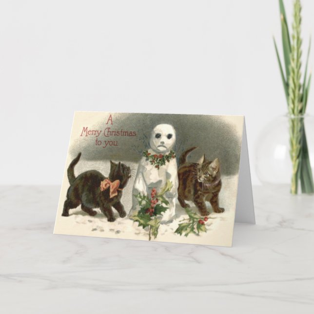 Kitten Cat Curious Snowman Holly Wreath Holiday Card (Front)