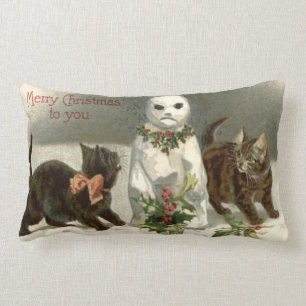 Kitten Cat Curious Snowman Holly Wreath Lumbar Cushion