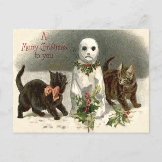 Kitten Cat Curious Snowman Holly Wreath Postcard (Front)