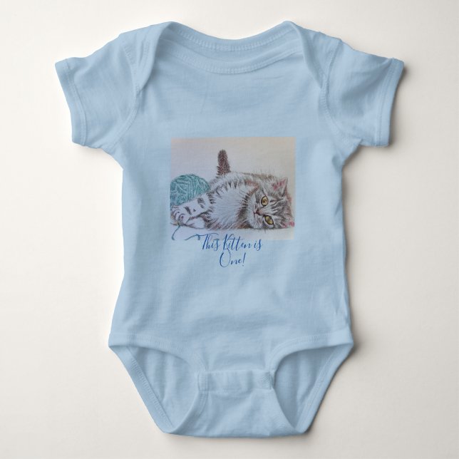 Kitten Cat Cute First Birthday pastel Drawing Art Baby Bodysuit (Front)