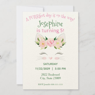 Kitten Cat Flowers Birthday Invitation