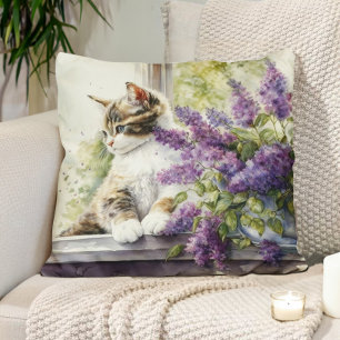 Kitten Cat Lavender Flowers Window Sunlight  Cushion