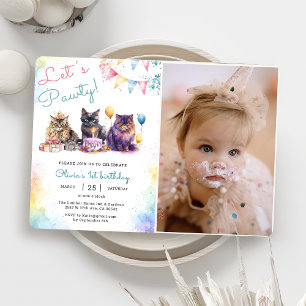 Kitten Cat Let's Pawty 1st Birthday Party Photo  Invitation