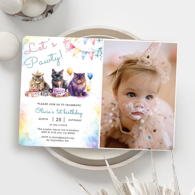 Kitten Cat Let's Pawty 1st Birthday Party Photo  Invitation (Creator Uploaded)