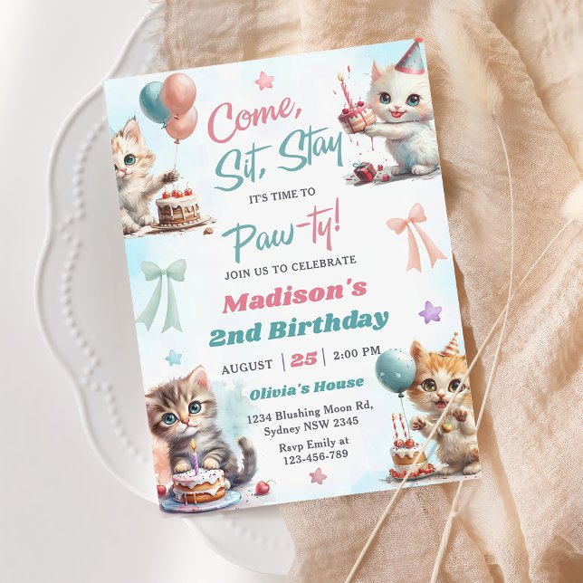 Kitten Cat Let's Pawty 2nd Birthday Party  Invitat Invitation (Creator Uploaded)