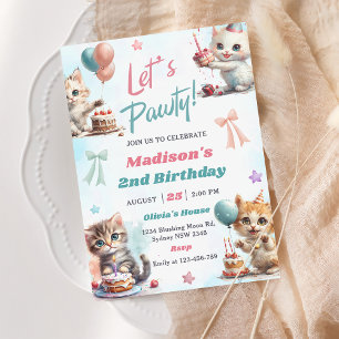 Kitten Cat Let's Pawty 2nd Birthday Party Invitation