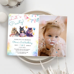 Kitten Cat Let's Pawty 2nd Birthday Party Photo  Invitation