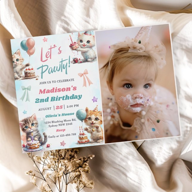 Kitten Cat Let's Pawty 2nd Birthday Party Photo  Invitation (Creator Uploaded)
