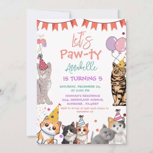Kitten Cat Let's Pawty Birthday  Invitation (Front)