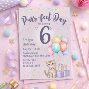 Kitten Cat Pastel Little Girl's 6th Birthday Invitation