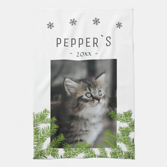 Kitten Cat Photo Pine Snowflake Keepsake Tea Towel (Vertical)