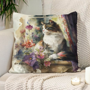 Kitten Cat Purple Flowers Window Sunlight  Cushion