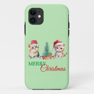 Kitten Cat Santa Red Green Merry Christmas Party  iPhone 11 Case