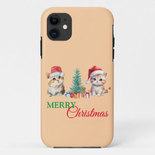 Kitten Cat Santa Red Green Merry Christmas Party  iPhone 11 Case