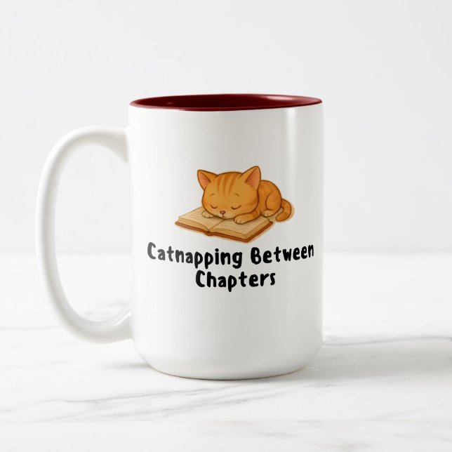 Kitten Catnapping Between Chapters, Cat Lover  Two-Tone Coffee Mug (Left)