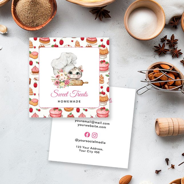 Kitten Chef Bakery Pink Square Business Card (Creator Uploaded)