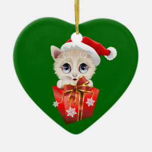 Kitten Christmas Santa with Gift Ceramic Ornament