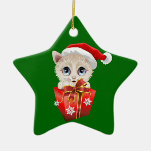 Kitten Christmas Santa with Gift Ceramic Ornament