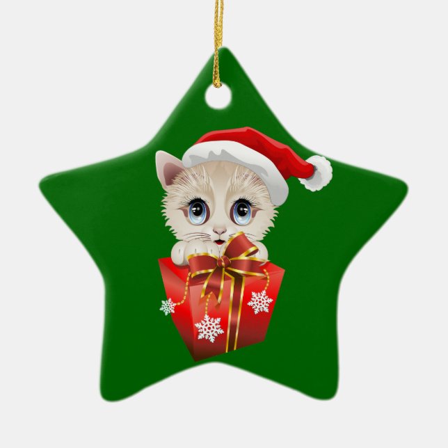 Kitten Christmas Santa with Gift Ceramic Ornament (Front)