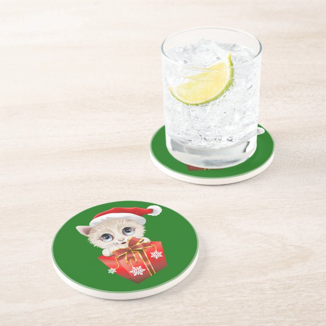 Kitten Christmas Santa with Gift Coaster (Side)