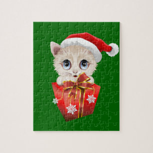Kitten Christmas Santa with Gift Jigsaw Puzzle