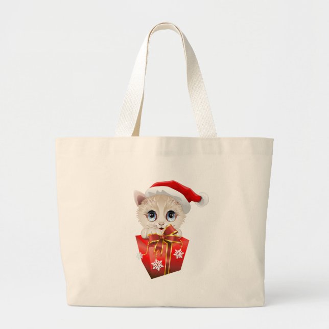 Kitten Christmas Santa with Gift Large Tote Bag (Front)