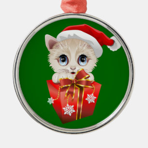 Kitten Christmas Santa with Gift Metal Ornament