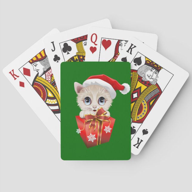 Kitten Christmas Santa with Gift Playing Cards (Back)