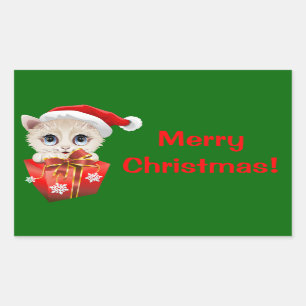 Kitten Christmas Santa with Gift Rectangular Sticker