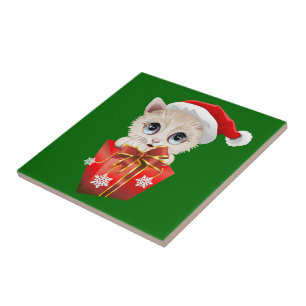 Kitten Christmas Santa with Gift Tile